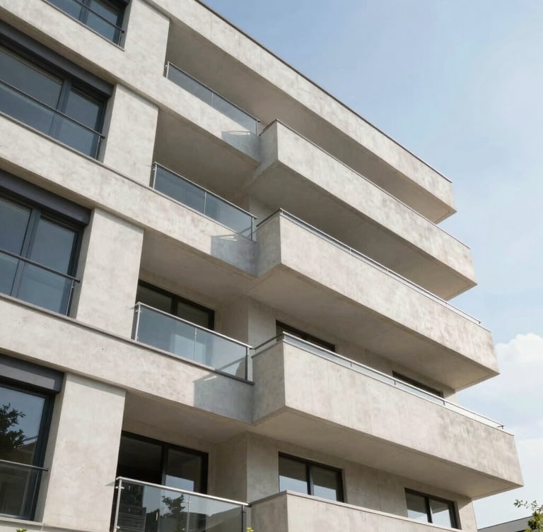 Wide-angle architectural photograph of a modern residential building facade with clean concrete lines, bright natural daylight, sharp structural details, 35mm lens