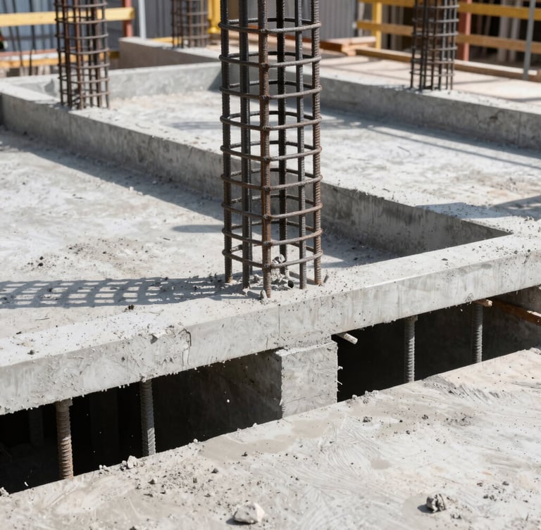 Close-up of active construction site showing thick structural steel rebar cages and high-grade concrete pouring, bright daylight, sharp focus on engineering details