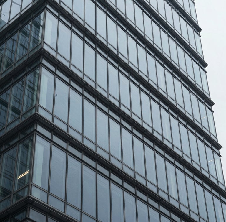 A close-up, abstract macro shot of clean steel and glass structural lines of a modern financial skyscraper, cool overcast daylight, desaturated blue tones