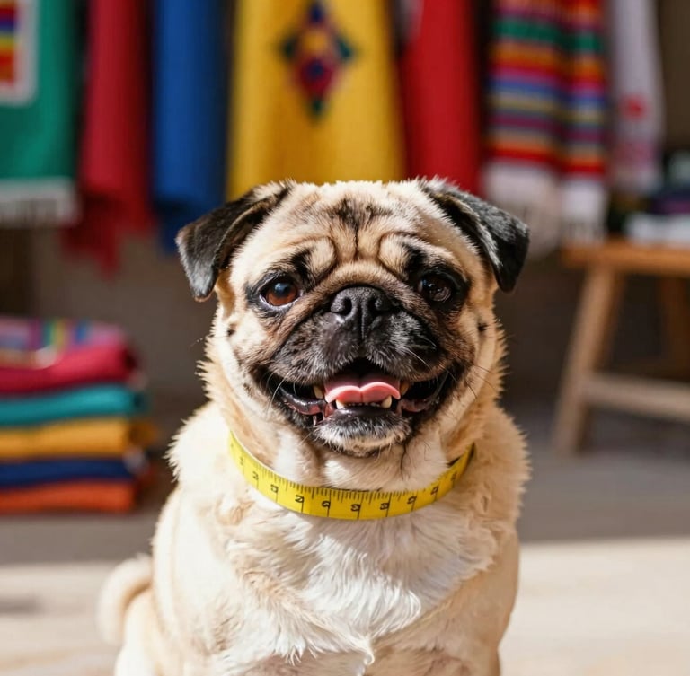 Bright eye-level shot of a happy pug being measured with a soft yellow tape in a sunlit Celaya workshop, colorful artisanal fabrics in the background, warm natural daylight, shallow depth of field, 35mm