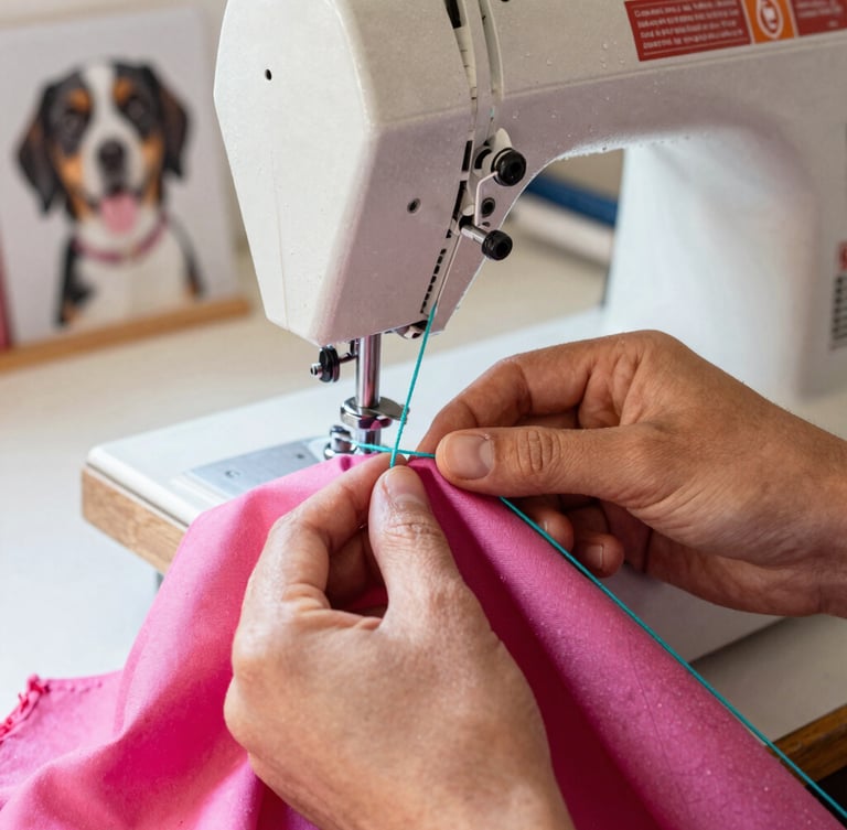 Close-up of hands carefully stitching a colorful pink fabric with teal threads in a bright, warm Guanajuato workshop, sewing machine in background, 35mm