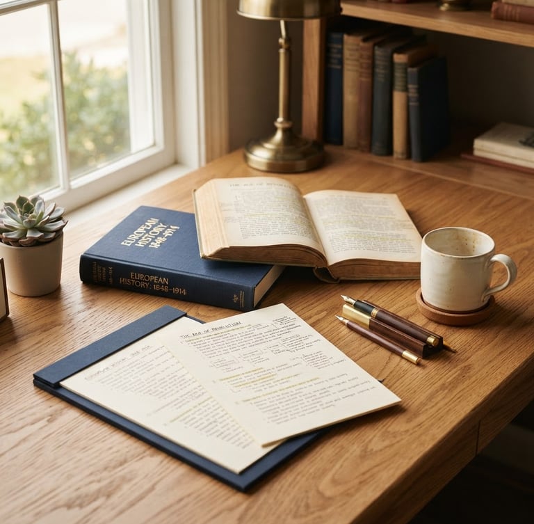 Vintage study desk with European history books, handwritten notes, a coffee mug, and fountain pens.