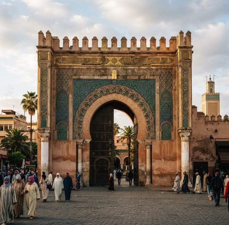 Vue panoramique de la majestueuse porte Bab Mansour au Maroc, avec des accents dorés, sous une lumière douce et contrastée, évoquant une entrée vers un domaine exclusif.