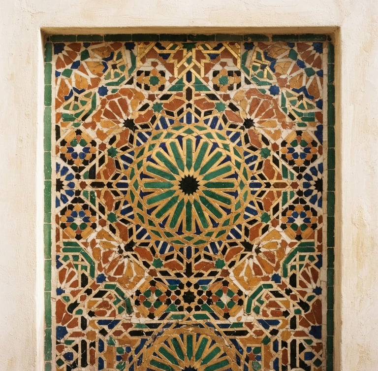 Gros plan sur un panneau de zellij traditionnel marocain, motifs géométriques complexes, couleurs terreuses et or, lumière naturelle douce, fond crème.