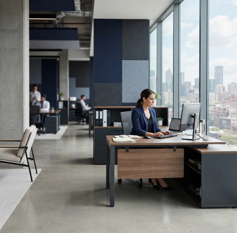 Modern corporate office interior, clean lines, bright natural daylight, a focused professional at a desk in the background, deep navy and slate tones.