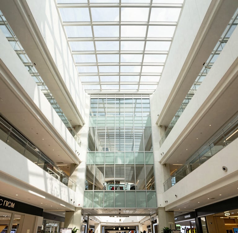 Symmetrical wide-angle architectural photography of a modern commercial mall interior in Kuala Lumpur, bright natural daylight streaming through glass atrium, clean high-contrast corporate tones, sharp details