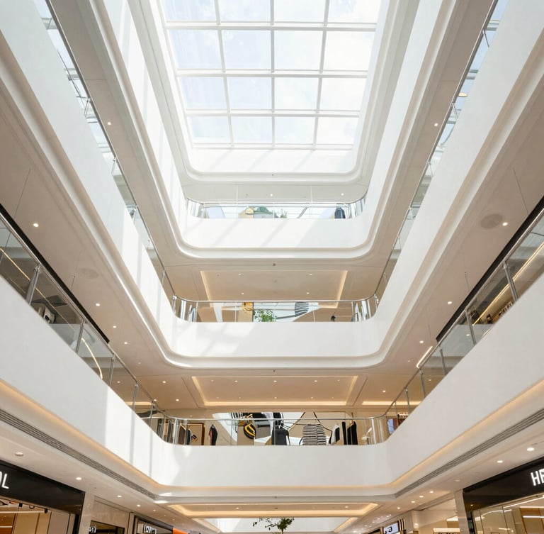 Symmetrical architectural wide-angle photo of a modern high-end retail mall atrium in Kuala Lumpur, bright natural daylight, clean lines, sharp details