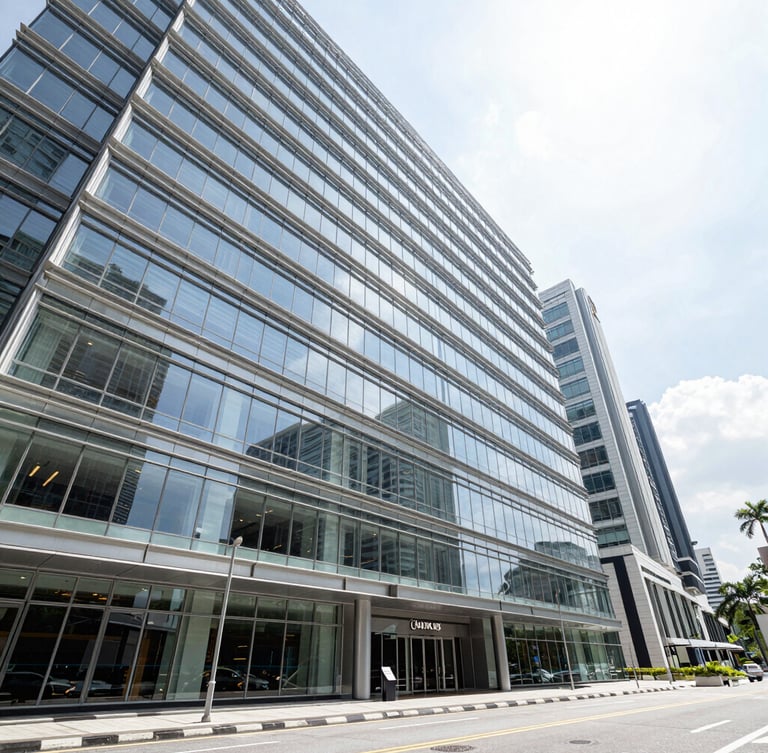 Wide-angle architectural photography of a modern glass commercial retail hub in Kuala Lumpur during bright natural daylight, clean structural lines, high-contrast shadows