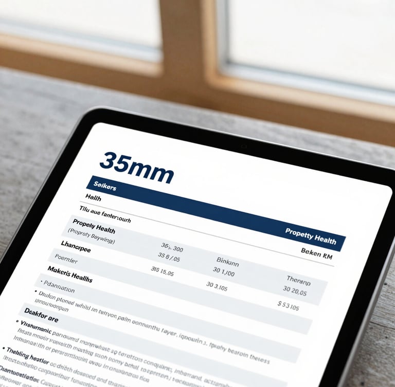 Crisp close-up of a digital tablet displaying a detailed property health report, set against a background of clean timber joints under bright overcast Welsh daylight, 35mm.