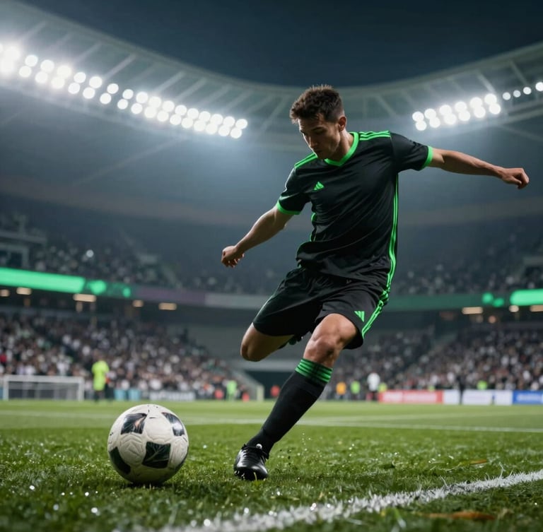 Dynamic motion-blurred silhouette of a football player kicking a ball under intense stadium floodlights, neon green rim lighting, dramatic low-angle framing