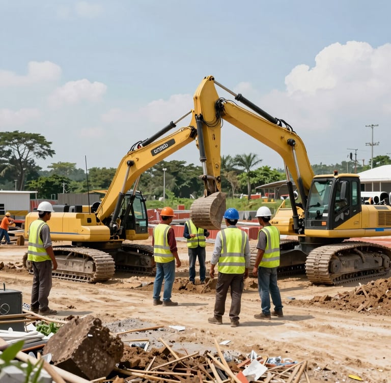 Wide environmental shot of an active Malaysian infrastructure project in Johor Bahru, featuring skilled workers in high-visibility vests and hard hats operating machinery under bright natural daylight.