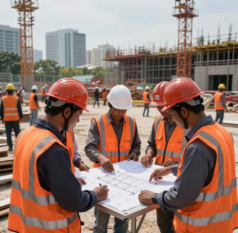Wide environmental shot of a busy construction site in Johor Bahru during bright daylight, with workers in high-visibility orange vests and hard hats reviewing structural blueprints on a physical table.