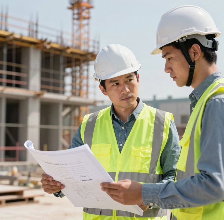 A professional structural engineer in a hardhat and high-visibility vest reviewing blueprints on a clipboard with a site manager, active construction background, bright daylight.