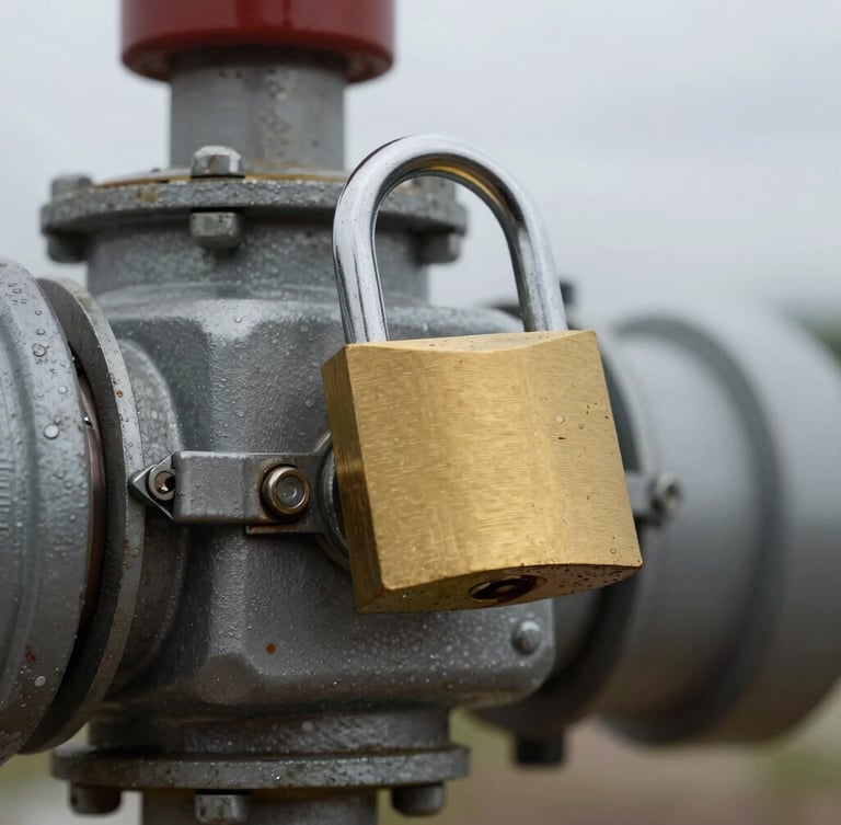 Close-up of a heavy steel isolation switch with a bright gold lockout padlock attached, weathered hands securing the latch, overcast daylight.