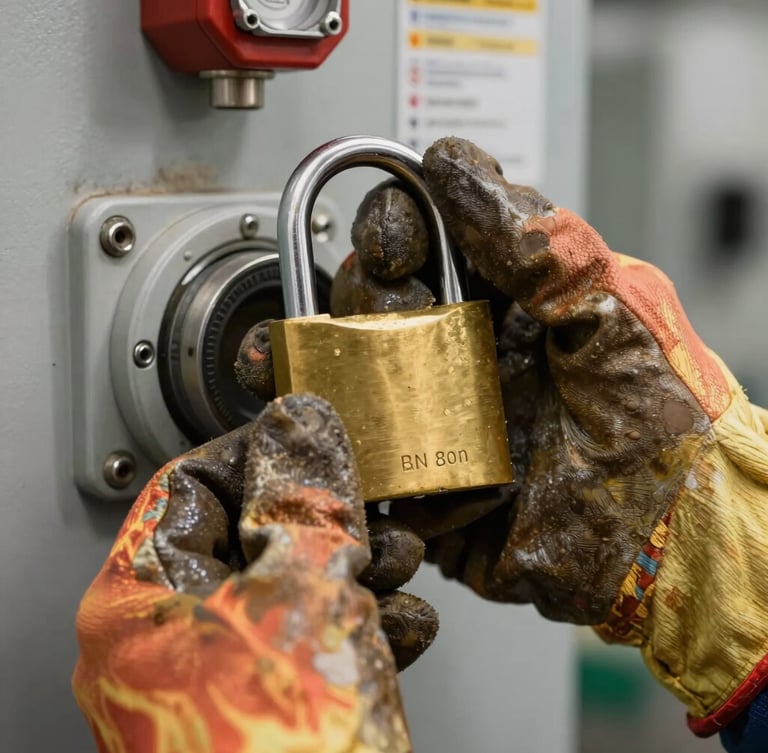Close-up of a technician's hand in a weathered flame-resistant glove securing a heavy brass lockout padlock onto a physical energy-isolating switch, gritty industrial lighting.