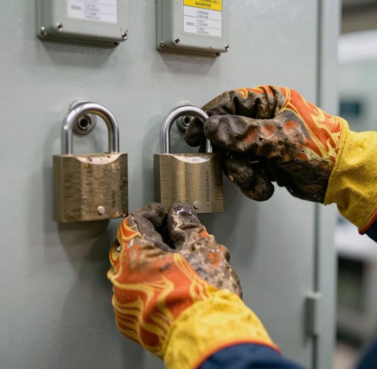 Close-up of weathered hands in flame-resistant gloves securing heavy-duty lockout padlocks on a steel electrical isolation switchboard, high-contrast industrial lighting.