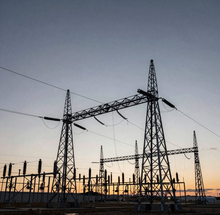 Wide-angle shot of an Alberta high-voltage substation at dawn, steel towers silhouetted against a cold overcast sky, high-contrast industrial lighting.