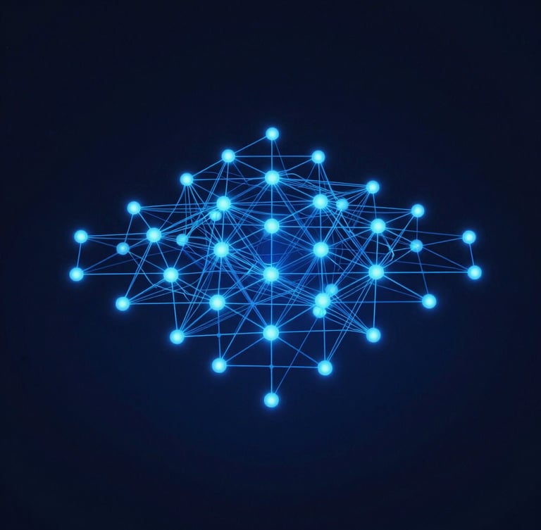 Sleek 3D render, dark navy background with electric blue emissive lighting, abstract data networks, isometric perspective, octane render