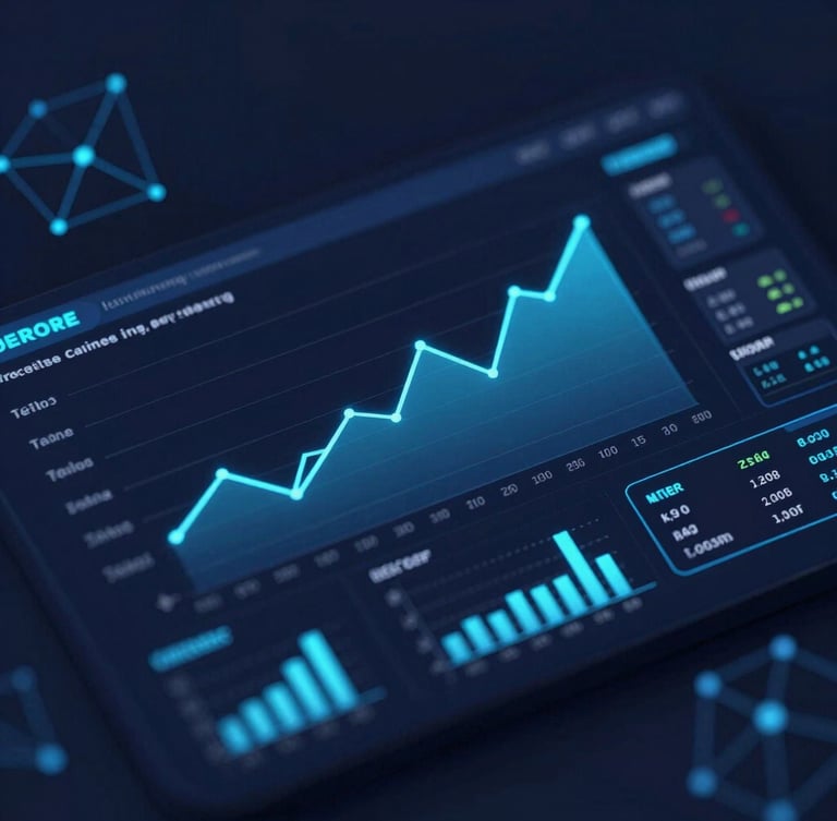Sleek orthographic 3D render of an executive financial dashboard on dark navy background, glowing electric blue line charts and cyan KPI widgets, shallow depth of field, octane render