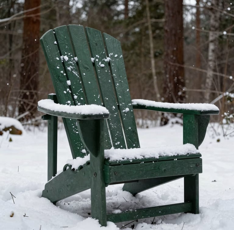 Low-angle shot of a dark forest green Adirondack chair covered in fresh snow, outdoor wood texture, overcast moody daylight, 35mm lens