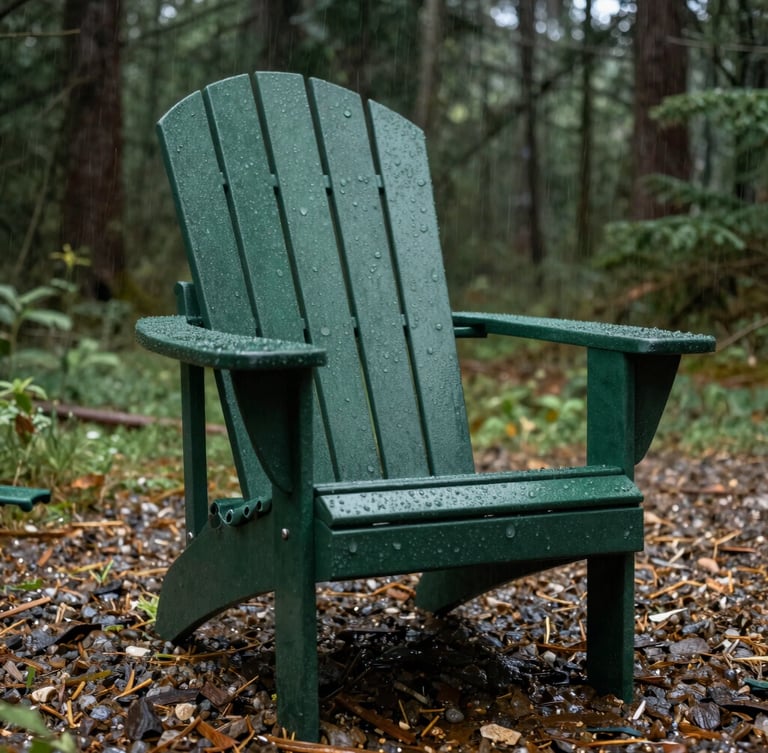Low-angle shot of a heavy forest green Adirondack chair sitting on damp gravel under overcast light, rain droplets pooling on the dense textured surface, 35mm lens