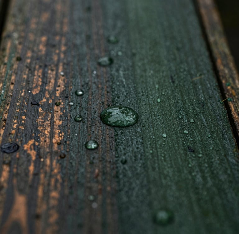 Macro shot of water droplets pooling on a dark forest green weather-resistant resin surface, rustic wood grain texture, overcast post-rain daylight, 35mm lens