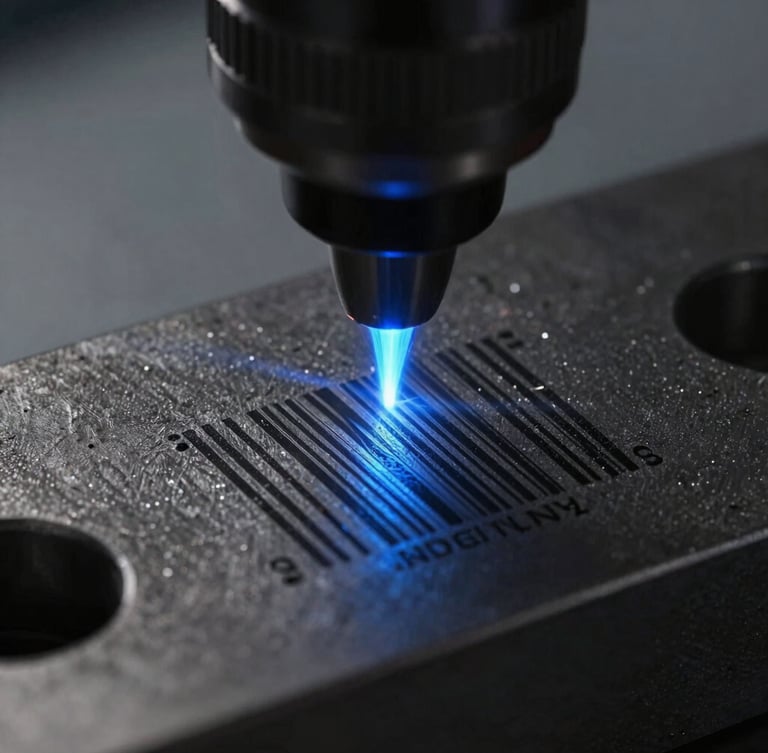 Macro close-up of a high-speed fiber laser beam etching a precise, high-contrast barcode on a dark industrial steel component, cool-toned blue laser path, sharp focus, 50mm lens