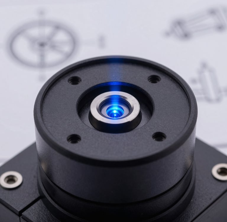 Macro close-up of a high-speed galvanometer scanner head with blue laser emitter, technical schematics faintly visible in background, sharp focus, cool studio lighting