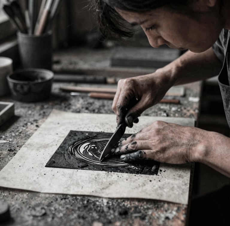Close-up of ink-stained hands of a female artist cutting a woodblock in a gritty workshop, dramatic low-key side lighting, charcoal black tones, 35mm film grain