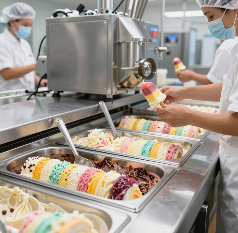 Bright, clean modern ice cream production facility with stainless steel equipment, workers in hygienic gear packaging colorful layered ice cream pops