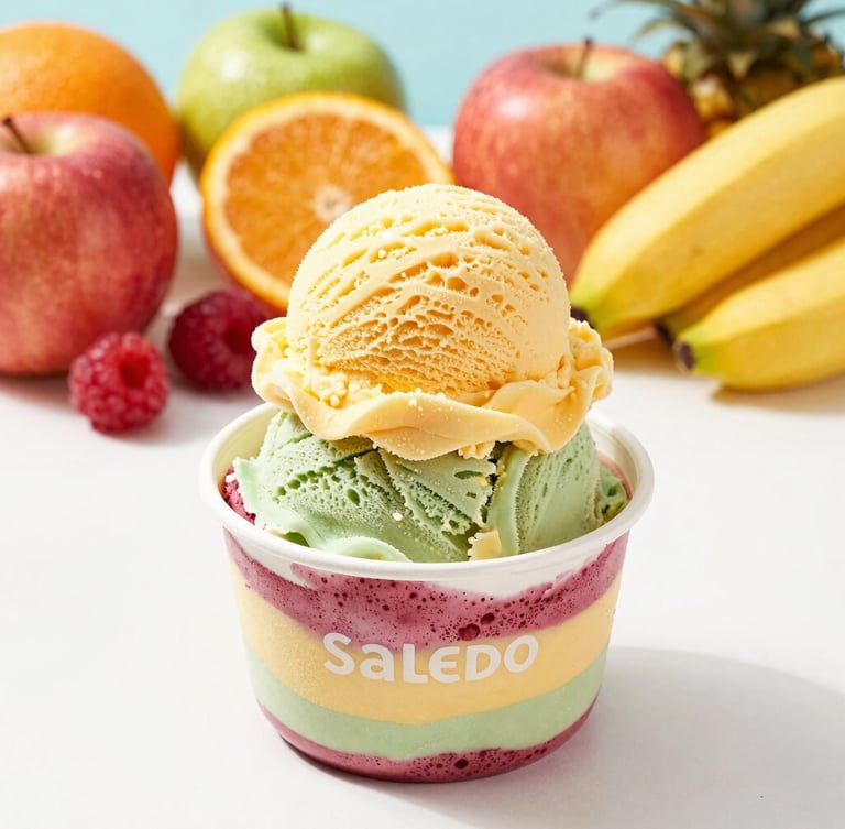 Eye-level professional studio shot of a traditional multi-layered Salcedo ice cream, vibrant tropical colors, fresh fruit ingredients arranged neatly in the background, bright high-key lighting