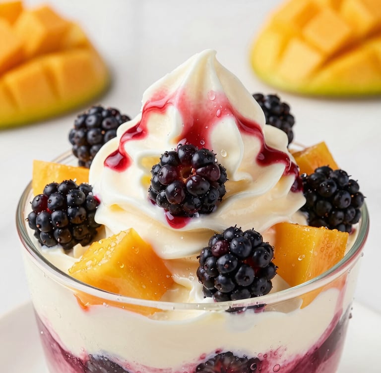 Macro portrait shot of a traditional multi-layered Helado de Salcedo ice cream, showing vibrant layers of blackberry, mango, and cream with condensation droplets, bright studio lighting, shallow depth of field.