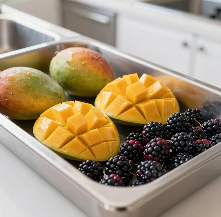 Vibrant eye-level shot of fresh cut mangoes and blackberries arranged next to a stainless steel prep station in a bright, clean, modern kitchen environment, natural daylight.