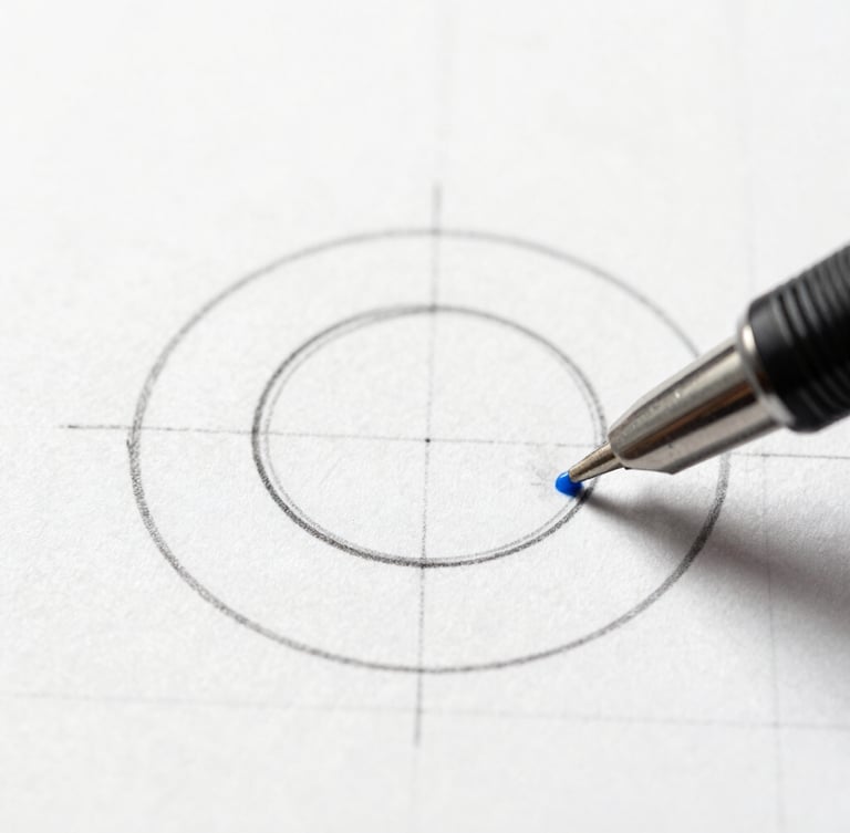 Extreme macro top-down shot of a technical drawing pen sketching pristine geometric circles on heavy grid paper, sharp shadows, minimalist studio lighting