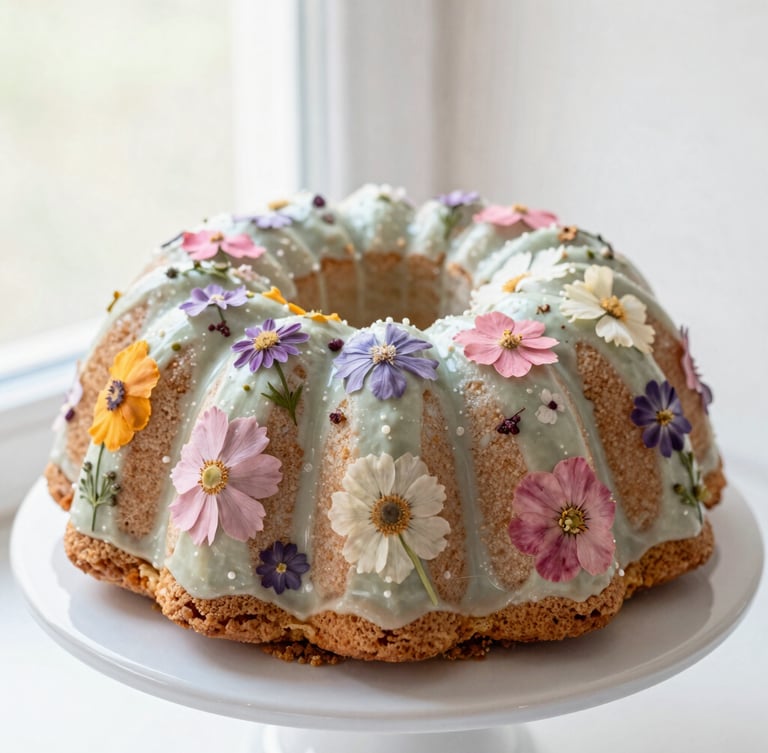 Straight-on eye-level portrait of a tiered organic bundt cake decorated with delicate edible pressed flowers, sitting on a pale ceramic stand, soft morning light.
