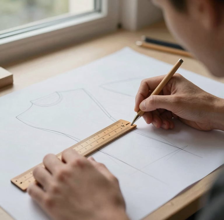 Portrait crop of a designer's hands drafting a sleeve pattern with a wooden curve ruler on heavy paper, soft window light.