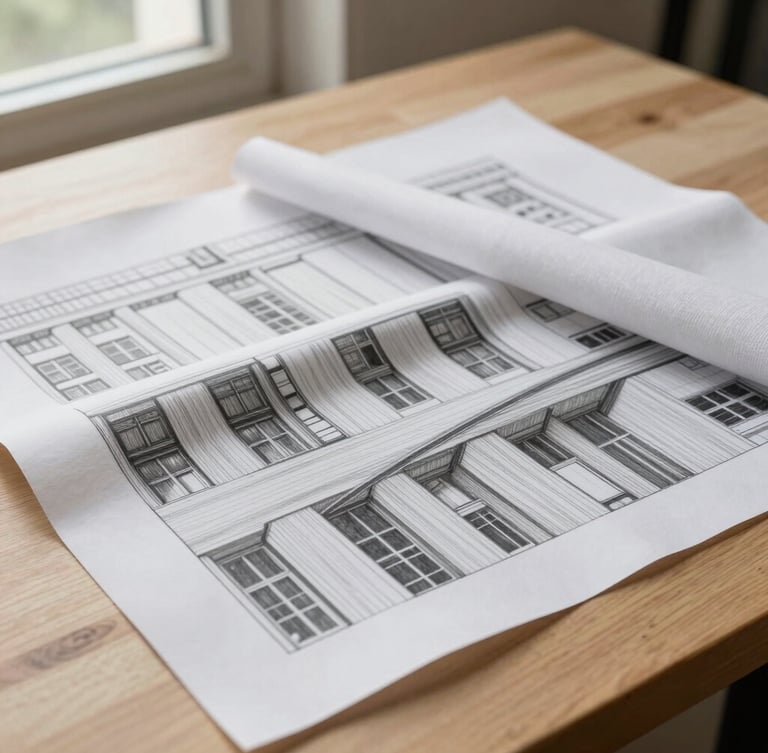 Utilitarian architectural crop of pattern paper with sharp pencil lines and heavy-weight cotton fabric draped over a light wood table, natural north-facing window light.