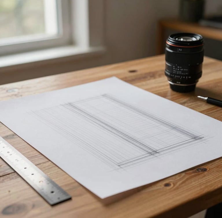 A tall portrait crop of heavy pattern paper with sharp pencil lines and a steel ruler on a warm oak table, soft side light from a studio window.