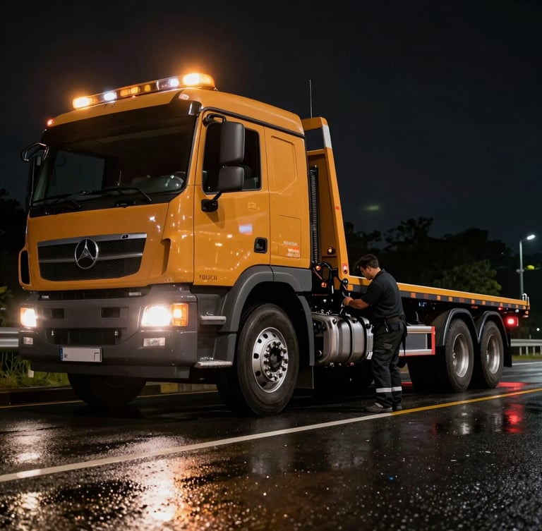 Low-angle heroic shot of an amber-lit flatbed towing truck parked on a wet highway asphalt at night, high-contrast emergency lights glowing, professional operator securing a wheel mechanism.