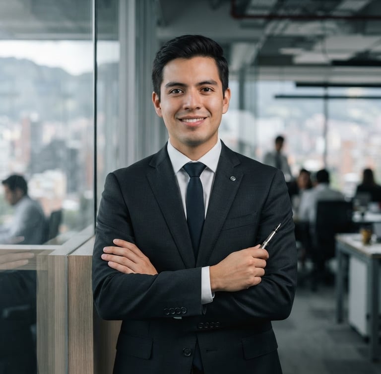 Professional corporate portrait of a young male consultant in a dark suit, soft natural office lighting, modern Bogotá office background, clean composition, 50mm lens, looking confident