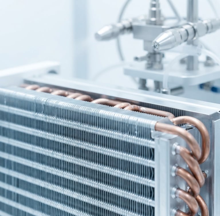 crisp clinical photography, bright high-key studio lighting, clean white and ice-blue tones, sharp macro focus of a pristine sanitized AC evaporator coil, sparkling clean, with specialized cleaning nozzles in the background