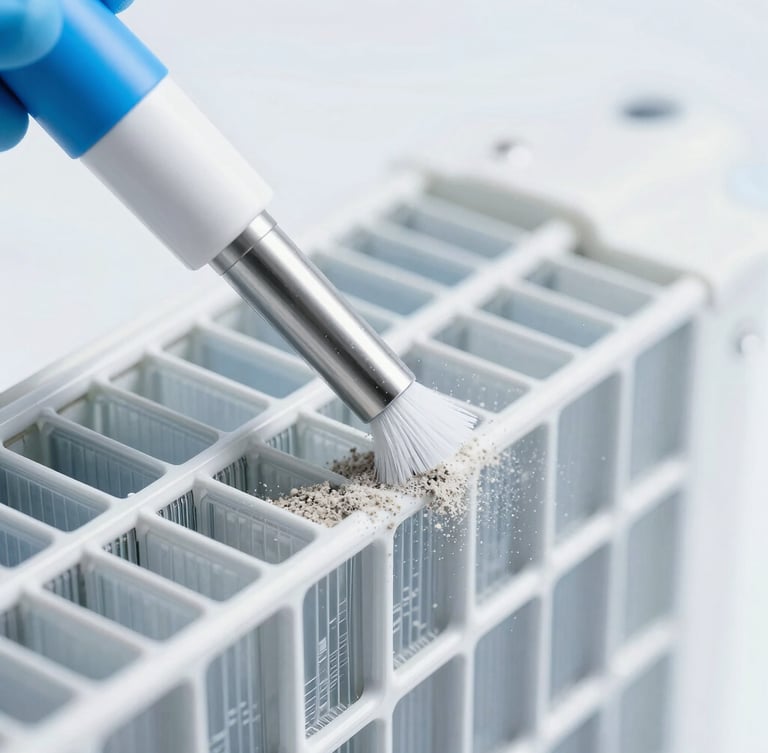 Macro shot of a specialized cleaning nozzle extracting fine desert dust from a pristine AC evaporator coil, clinical high-key lighting, ice-blue accents, sharp focus.