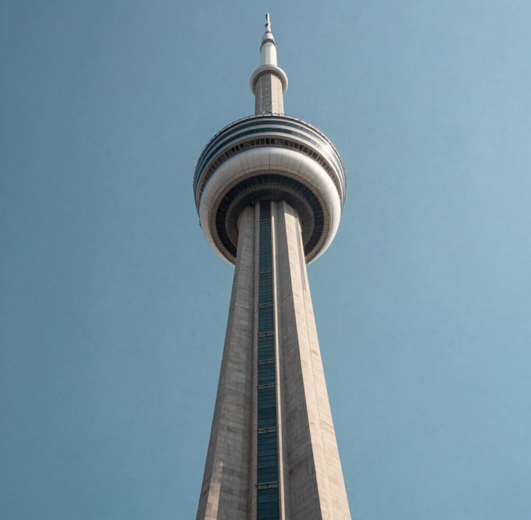 Low angle architectural photograph of the CN Tower in Toronto, sharp concrete lines against a clear, high-contrast daylight sky, objective framing