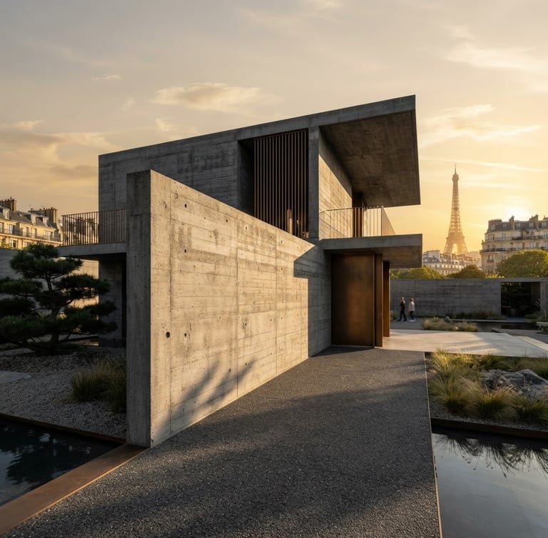 Extreme wide-angle architectural photography of a monolithic concrete pavilion in Paris, sharp golden-hour shadows, minimal lines, bronze accents