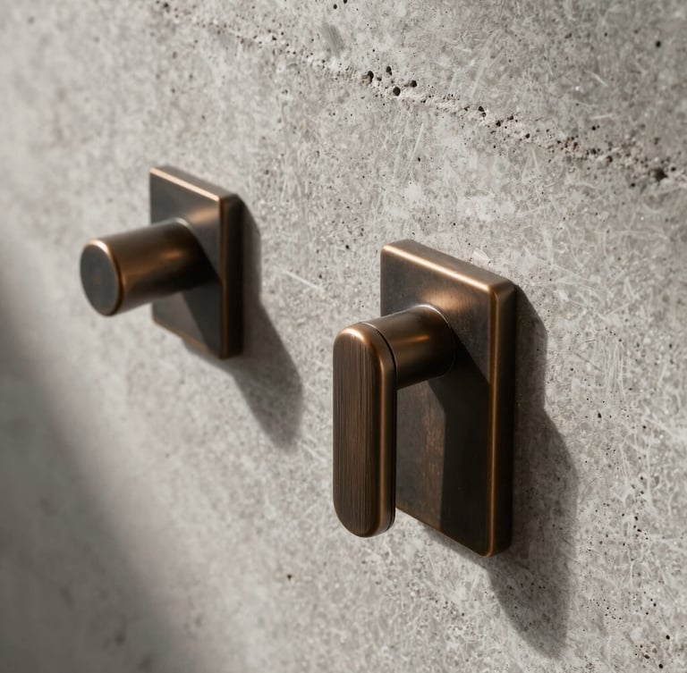 Macro detail of hand-brushed bronze hardware set against raw board-formed concrete, dramatic side lighting, sharp texture contrast, premium architectural photography