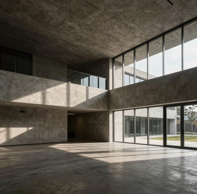 Extreme wide-angle architectural photography of a minimalist concrete and glass office interior, sharp diagonal shadows, desaturated charcoal tones, premium editorial style.