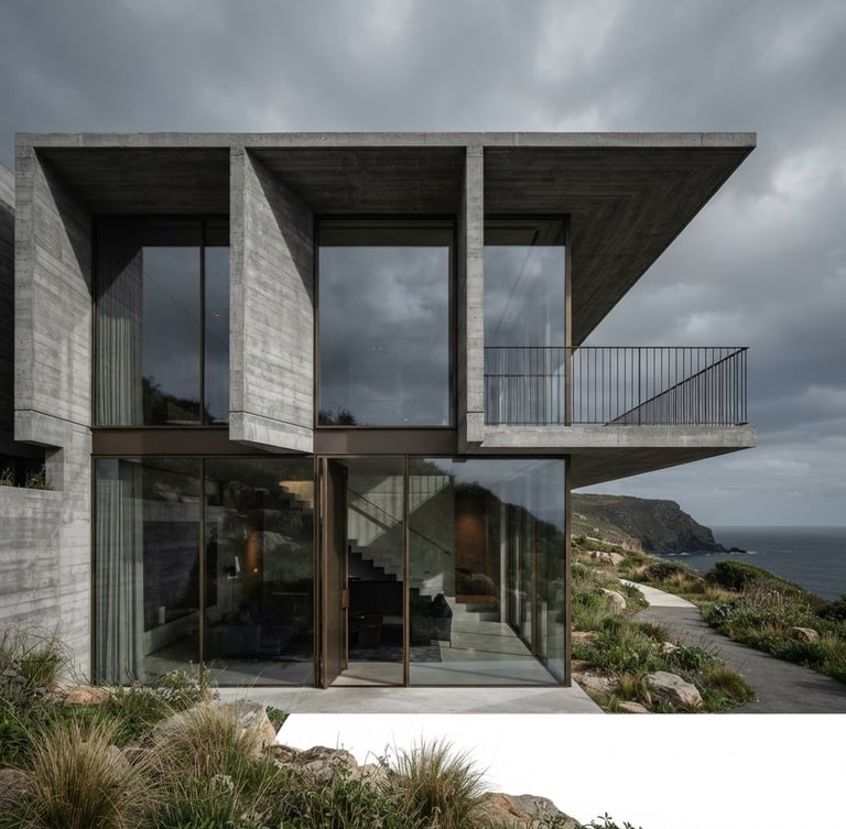 Minimalist concrete villa facade with dramatic glass walls, sharp shadows, overcast sky, premium architectural photography