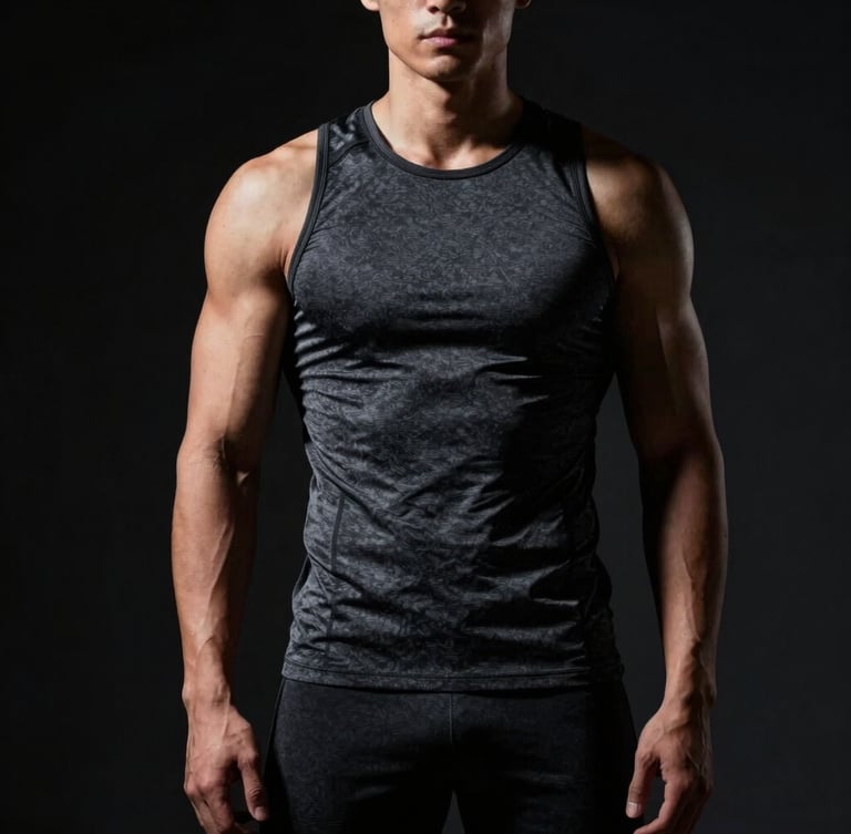 Dramatic high-contrast studio portrait of a fitness athlete in sleek charcoal sportswear, sharp directional lighting, deep shadows, premium editorial style, 35mm lens