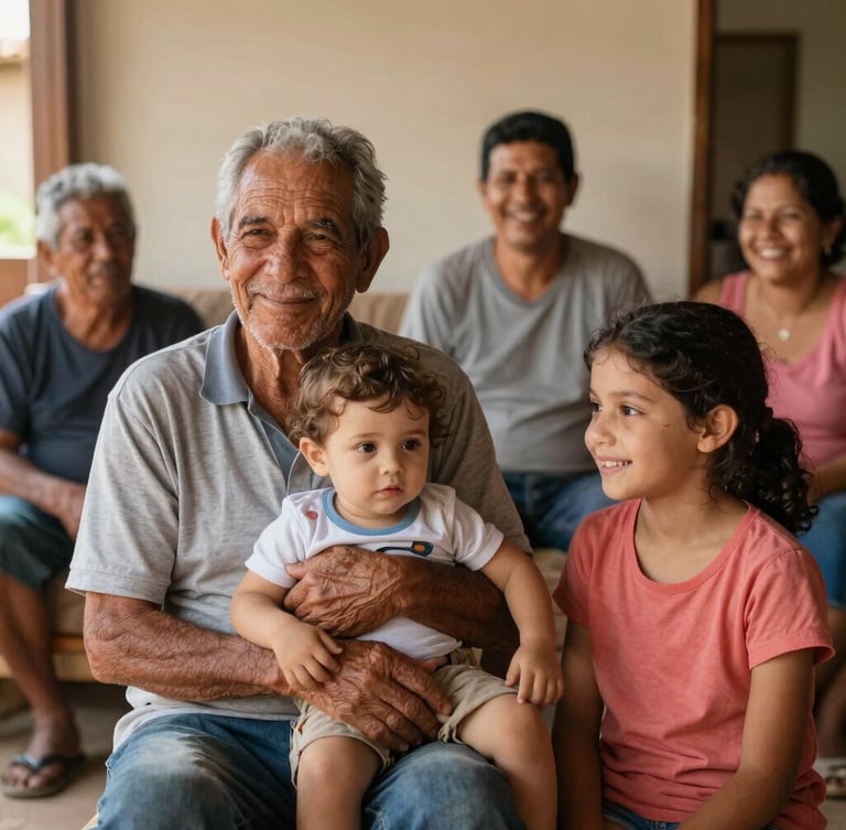 Família brasileira sorrindo reunida na sala de estar iluminada pelo sol da tarde, avô abraçando o neto, atmosfera acolhedora e real.