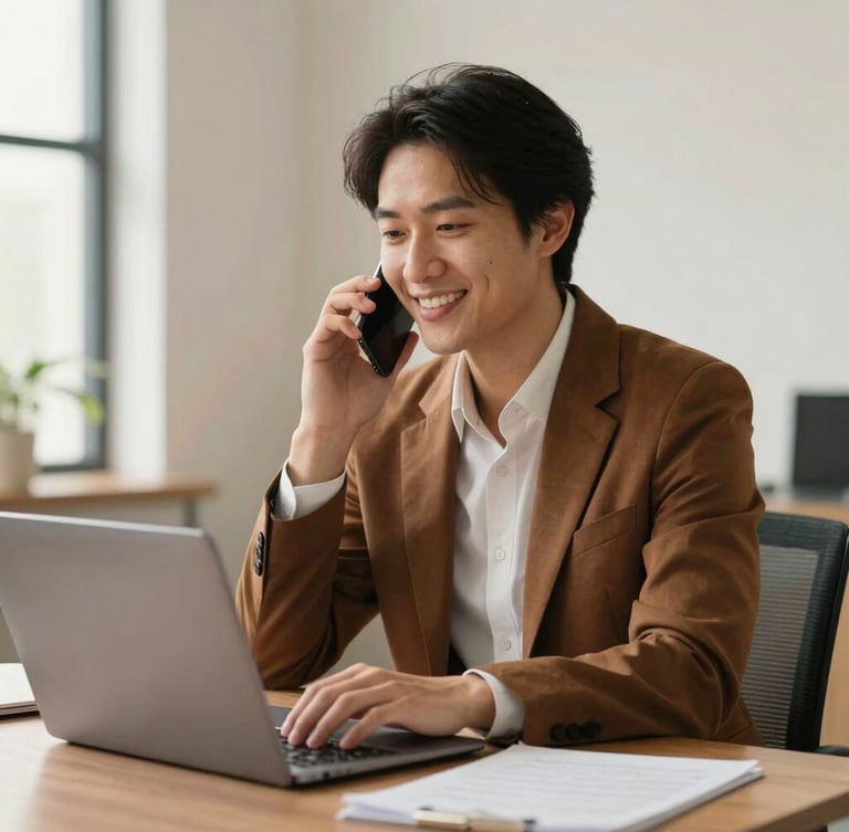 Warm editorial photography of an approachable legal professional talking on a phone while working on a laptop, soft natural daylight, clean and simple office environment.